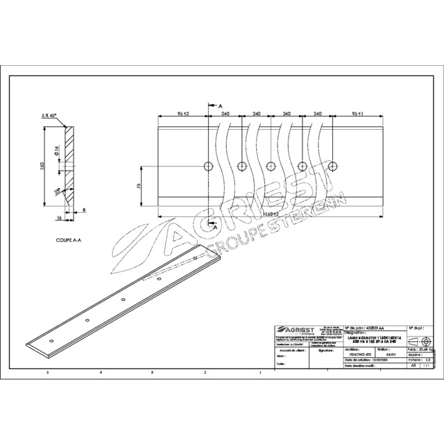 Lame Percee 150X19 LG 1150 500HB 5 TRS Ø16 EA 240 Centrale Adaptable Magsi référence fournisseur 455823